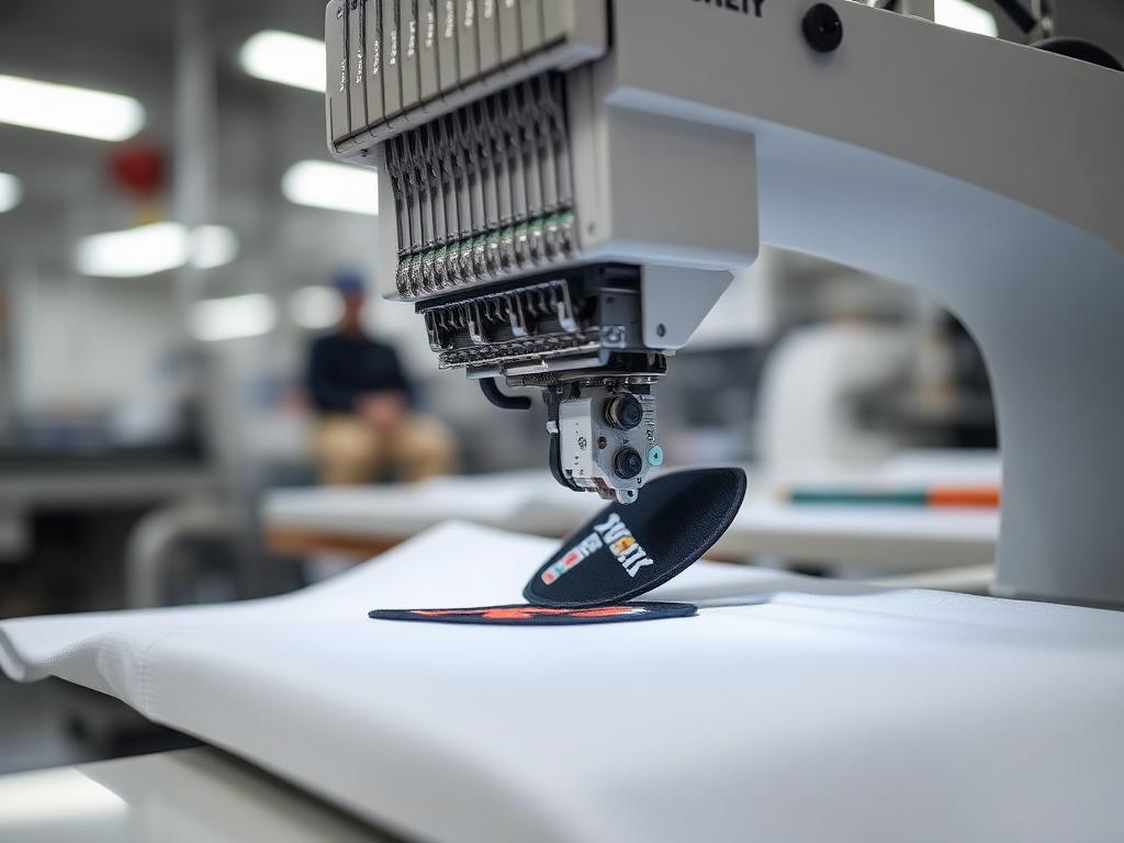 Máquina de bordado industrial aplicando patches e logos