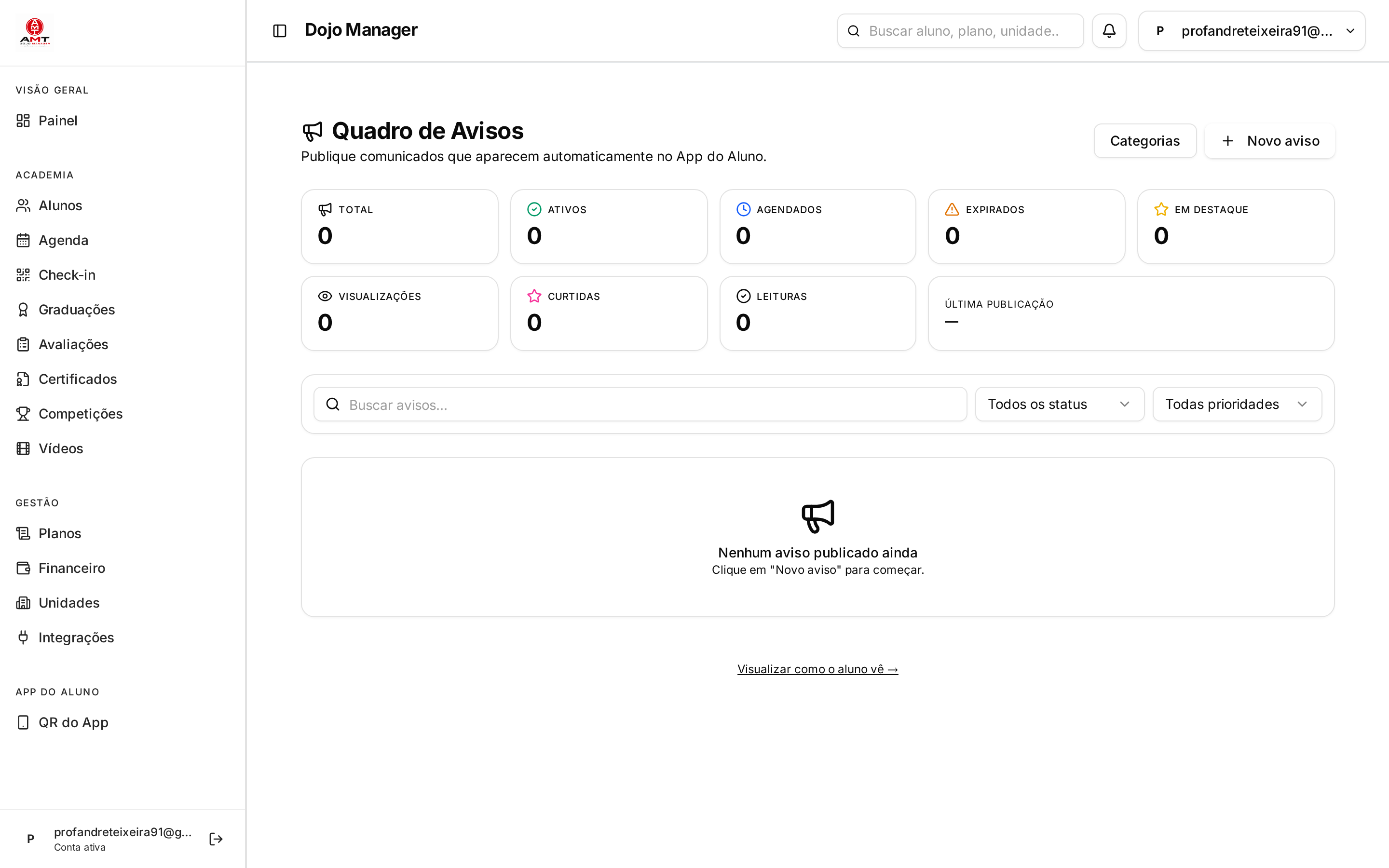 Print real da tela Quadro de avisos do AMT Dojo Manager