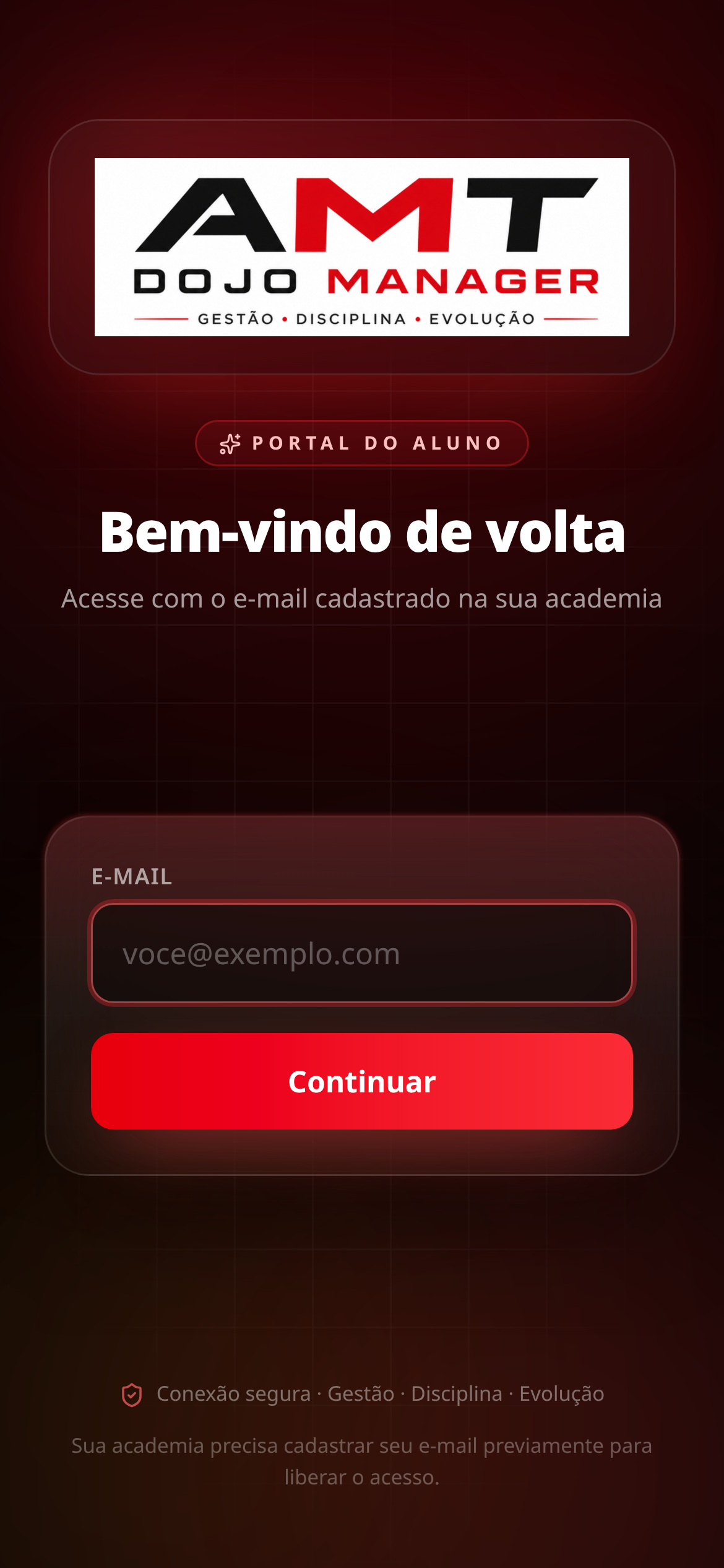 Tela real do aplicativo do aluno do AMT Dojo Manager