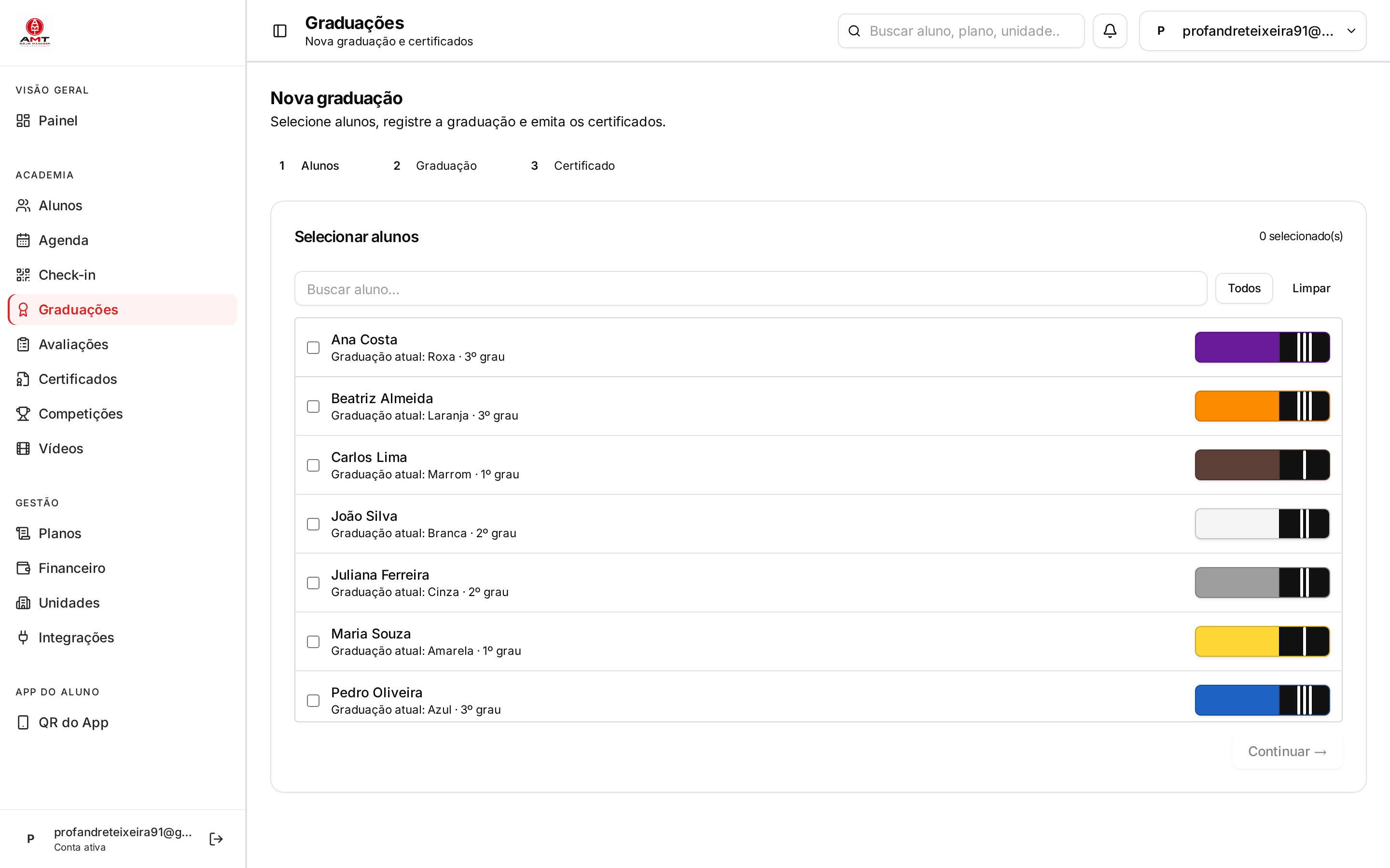 Print real da tela Graduações do AMT Dojo Manager