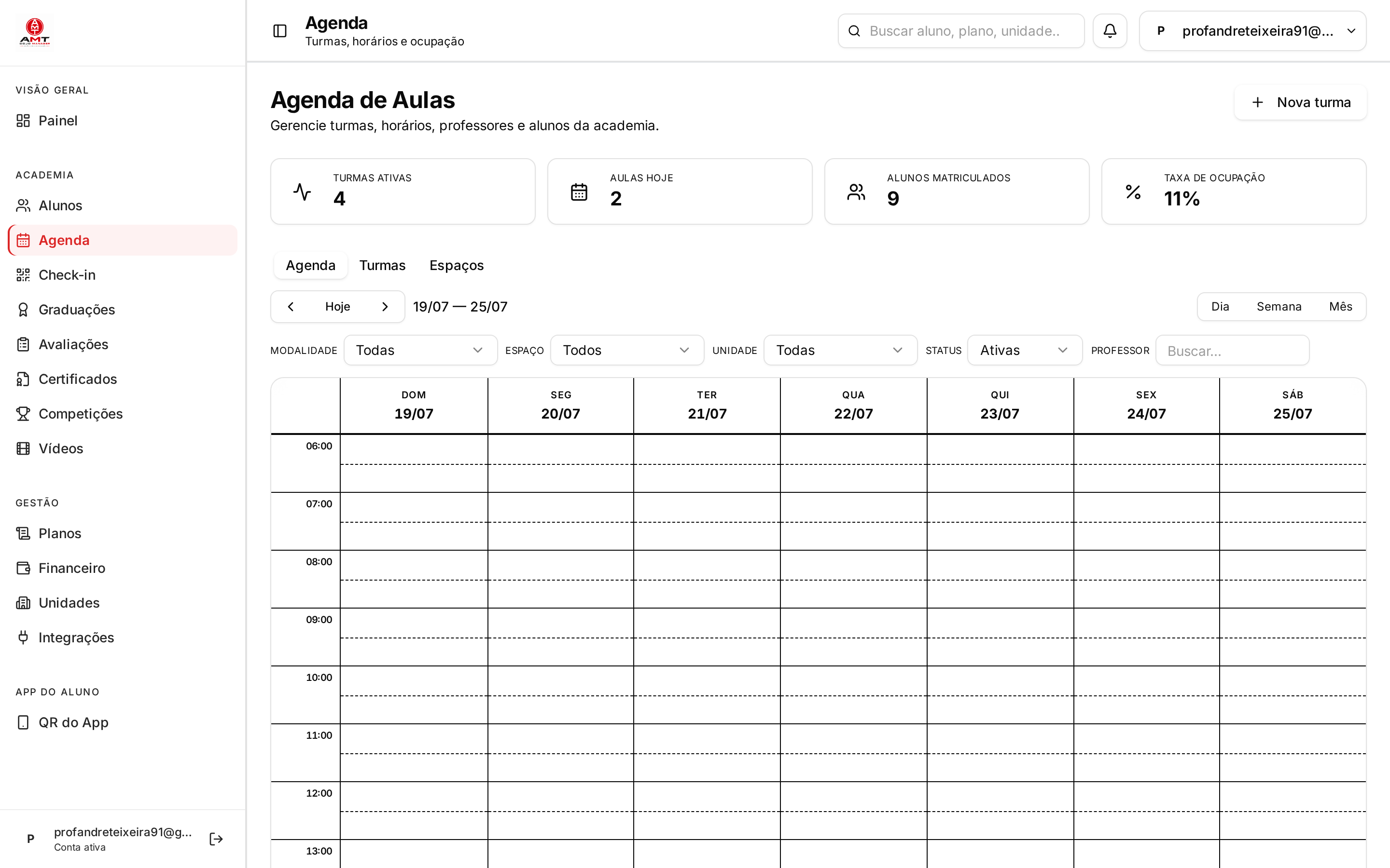 Print real da tela Agenda de aulas do AMT Dojo Manager