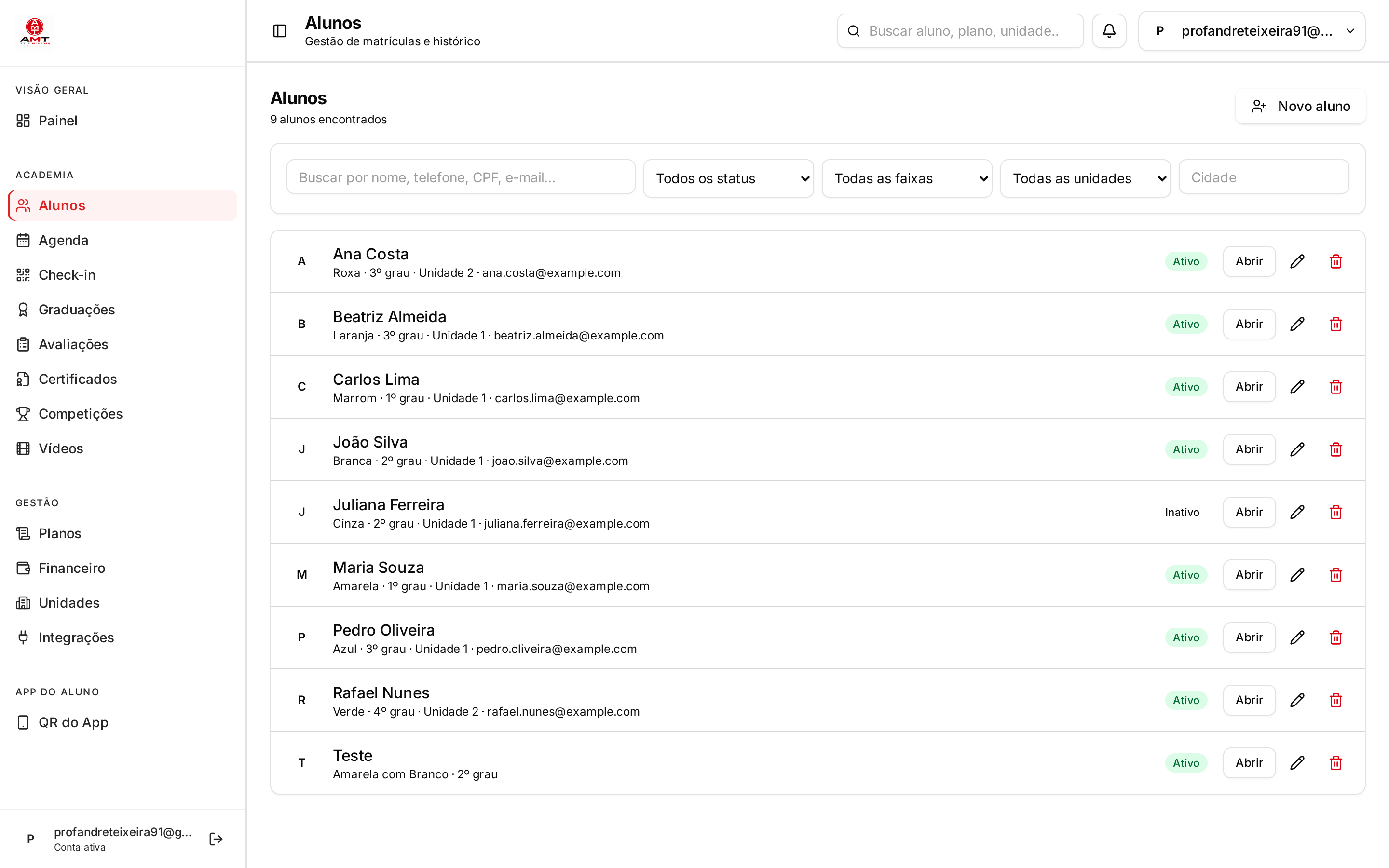 Print real da tela Gestão de alunos do AMT Dojo Manager
